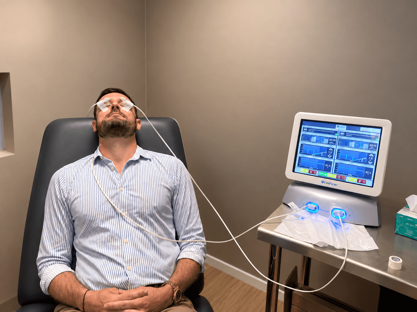 Patient med LipiFlow-aktivatorer på båda ögonen under behandling av MGD