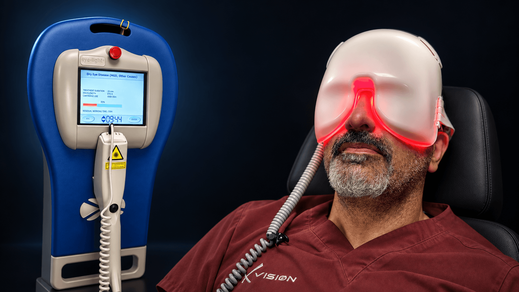 Eye-Light-konsol med behandlingsprogram för torra ögon och patient med LLLT-mask